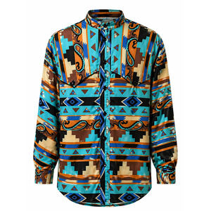 Cowboy Western Rodeo Aztec Shirt Ranch Button Up Bold Print Stand Collar Large